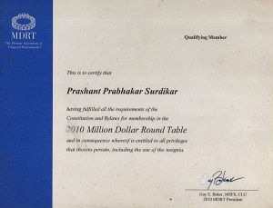 QUALIFING CERTIFICATE OF MDRT USA 2010 PRASHANT SURDIKAR