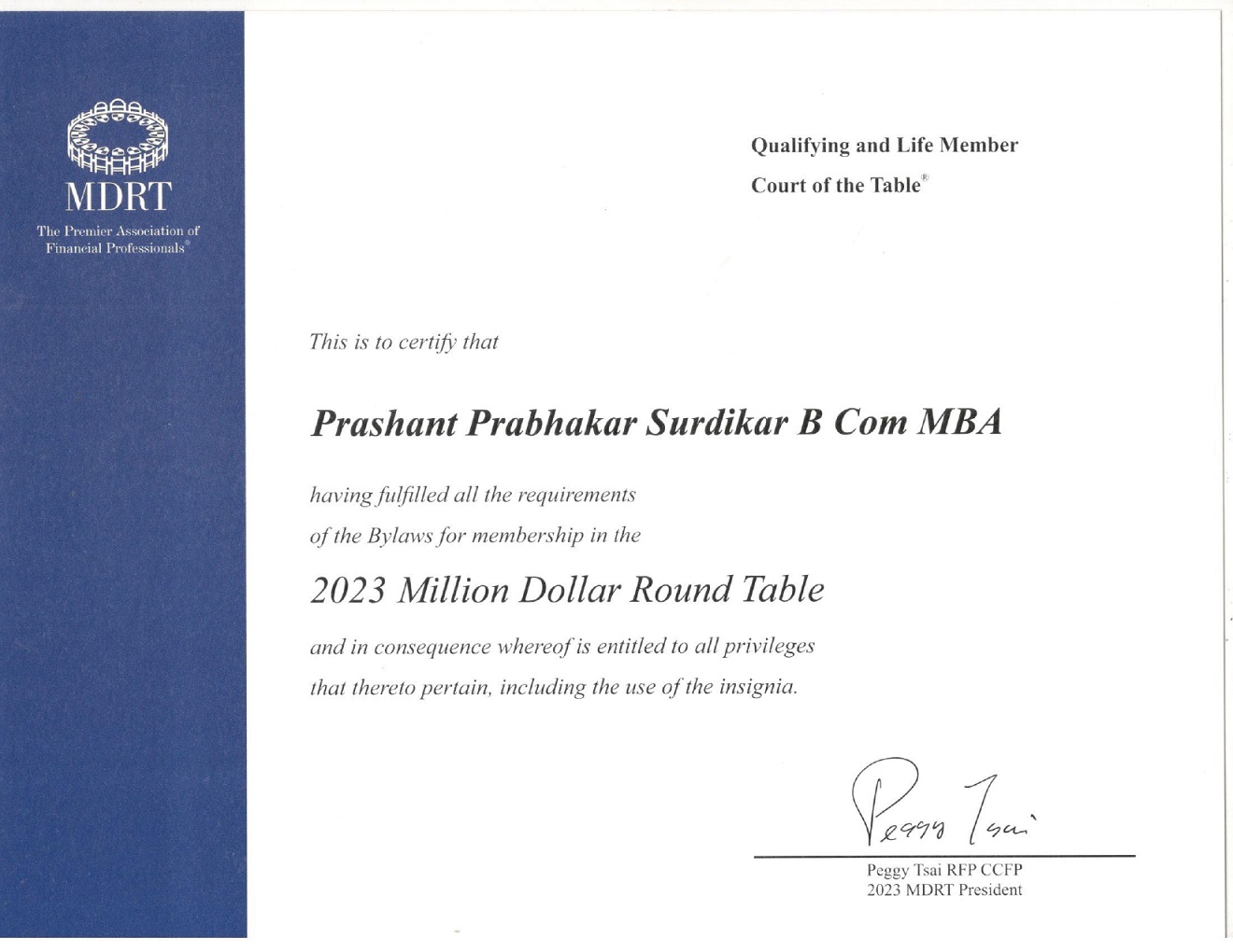 QUALIFING CERTIFICATE OF MDRT USA 2023 P SURDIKAR