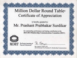 APPRECIATION CERTIFICATE FOR QUALIFING MDRT USA 2013-14 PRASHANT SURDIKAR