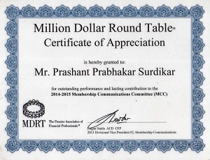 APPRECIATION CERTIFICATE FOR QUALIFING MDRT USA 2014-15 PRASHANT SURDIKAR