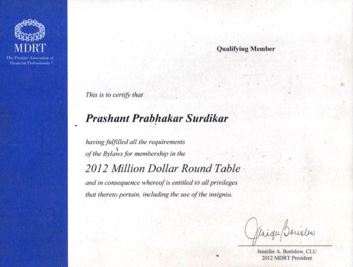 QUALIFING CERTIFICATE OF MDRT USA 2012 PRASHANT SURDIKAR