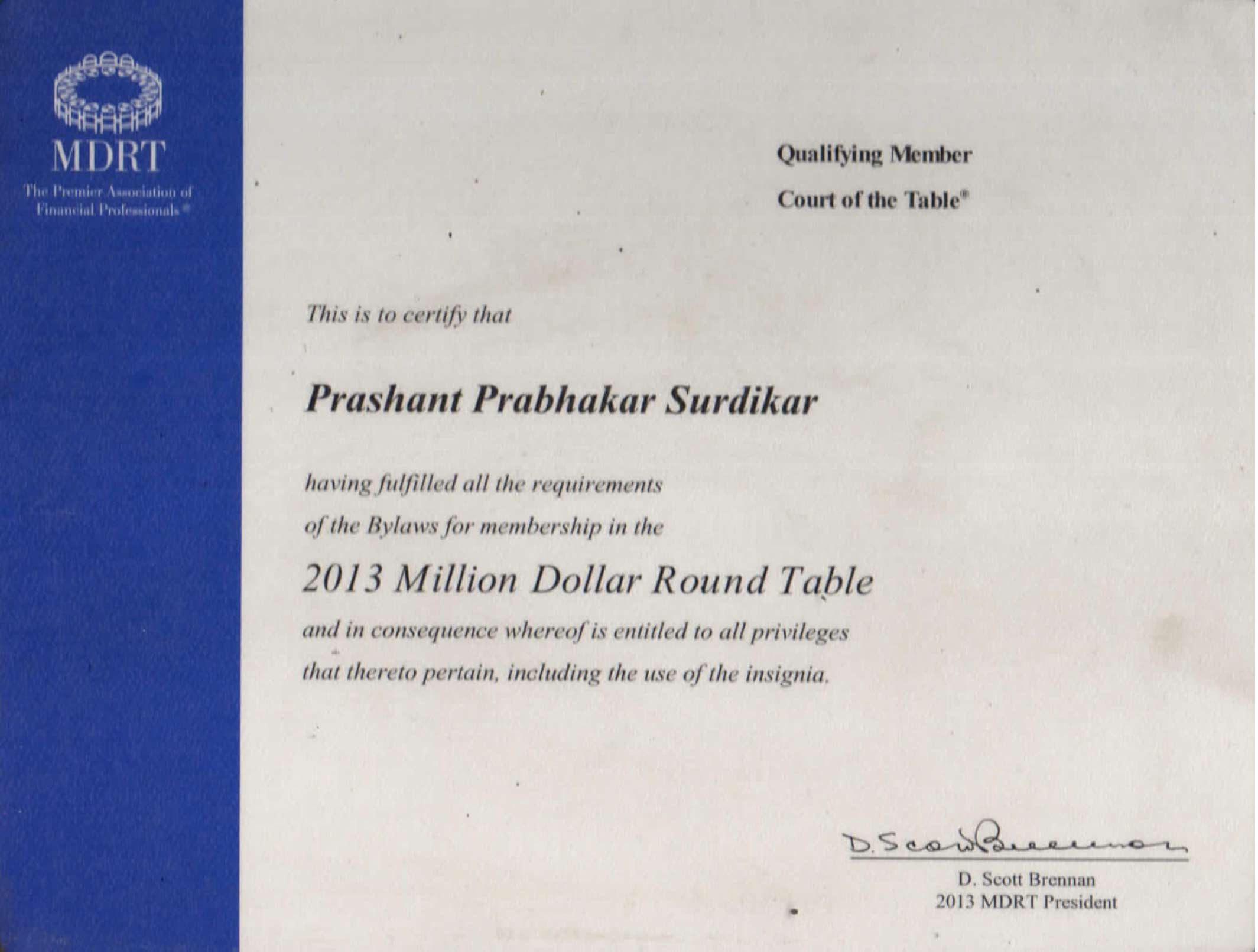 QUALIFING CERTIFICATE OF MDRT USA 2013 PRASHANT SURDIKAR