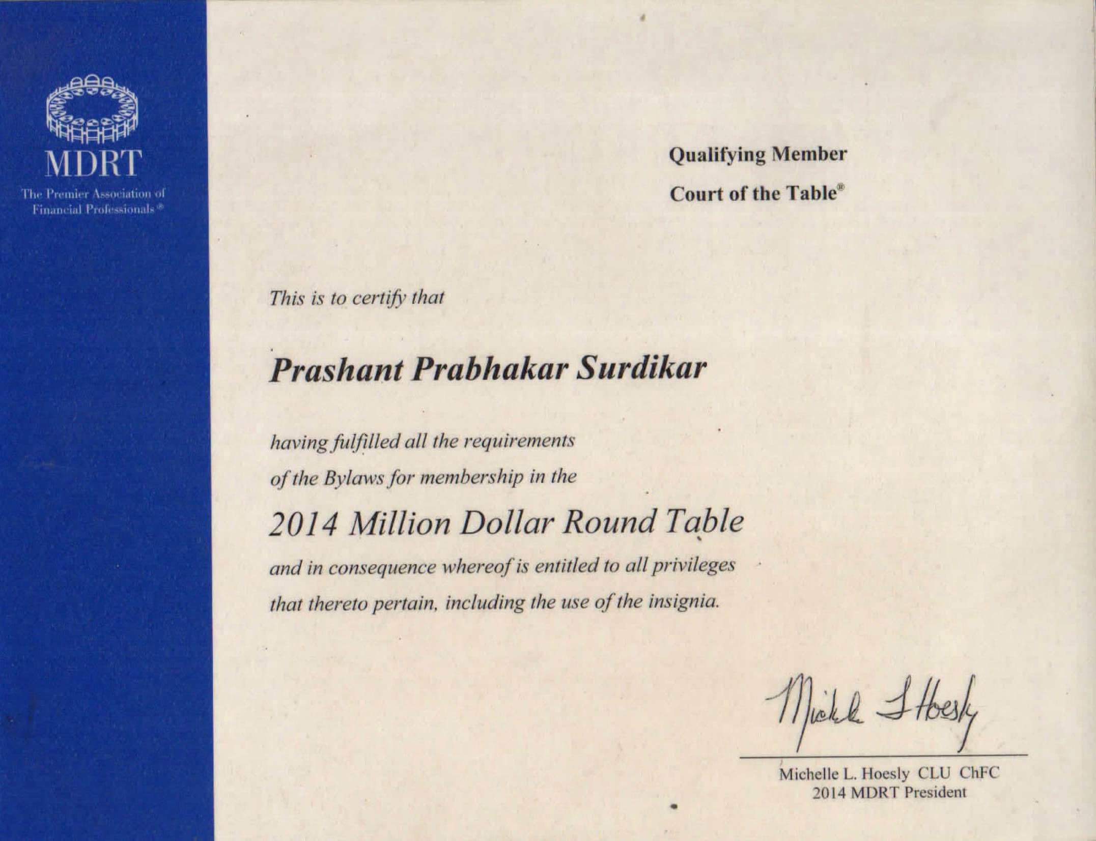 QUALIFING CERTIFICATE OF MDRT USA 2014 PRASHANT SURDIKAR