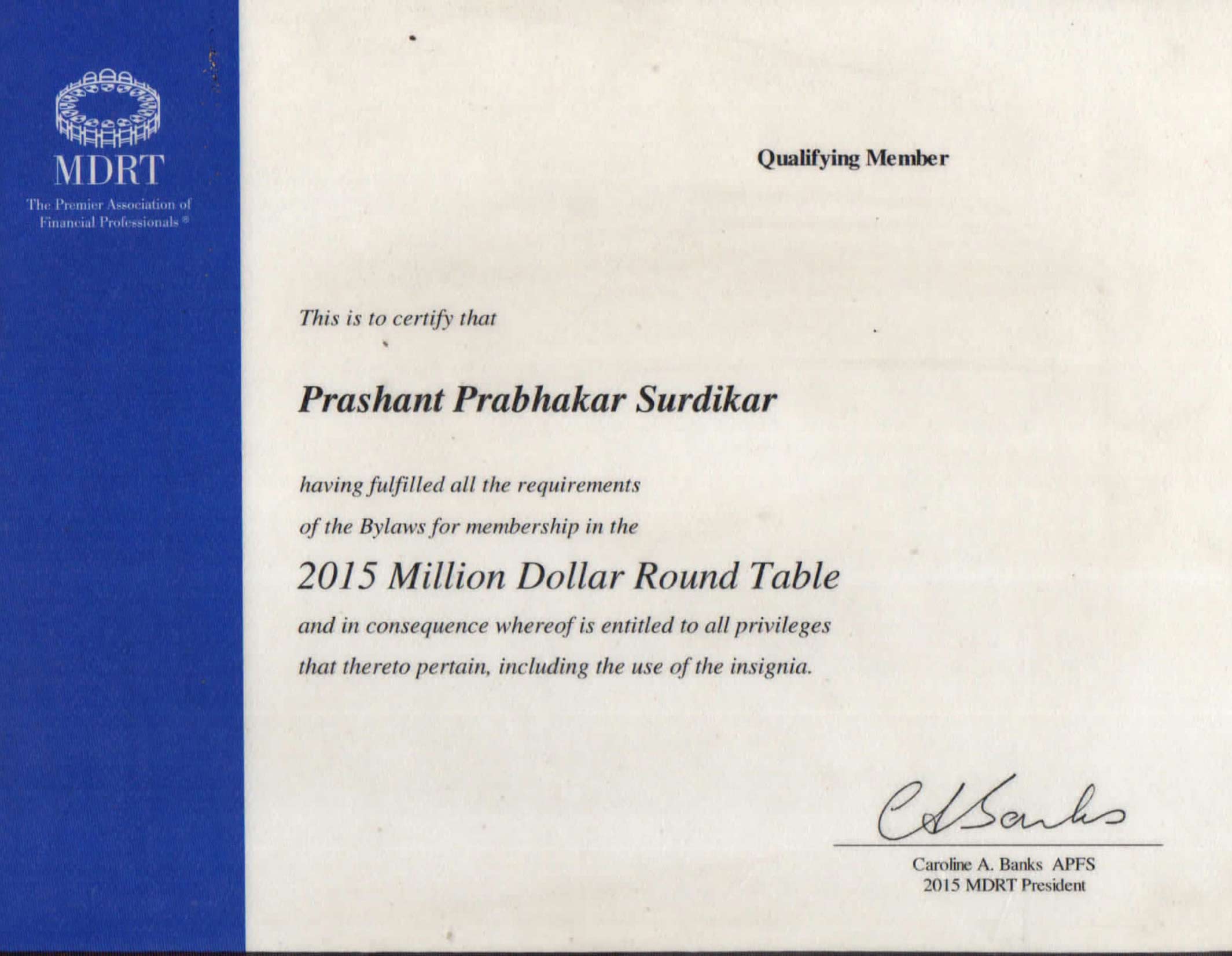 QUALIFING CERTIFICATE OF MDRT USA 2015 PRASHANT SURDIKAR