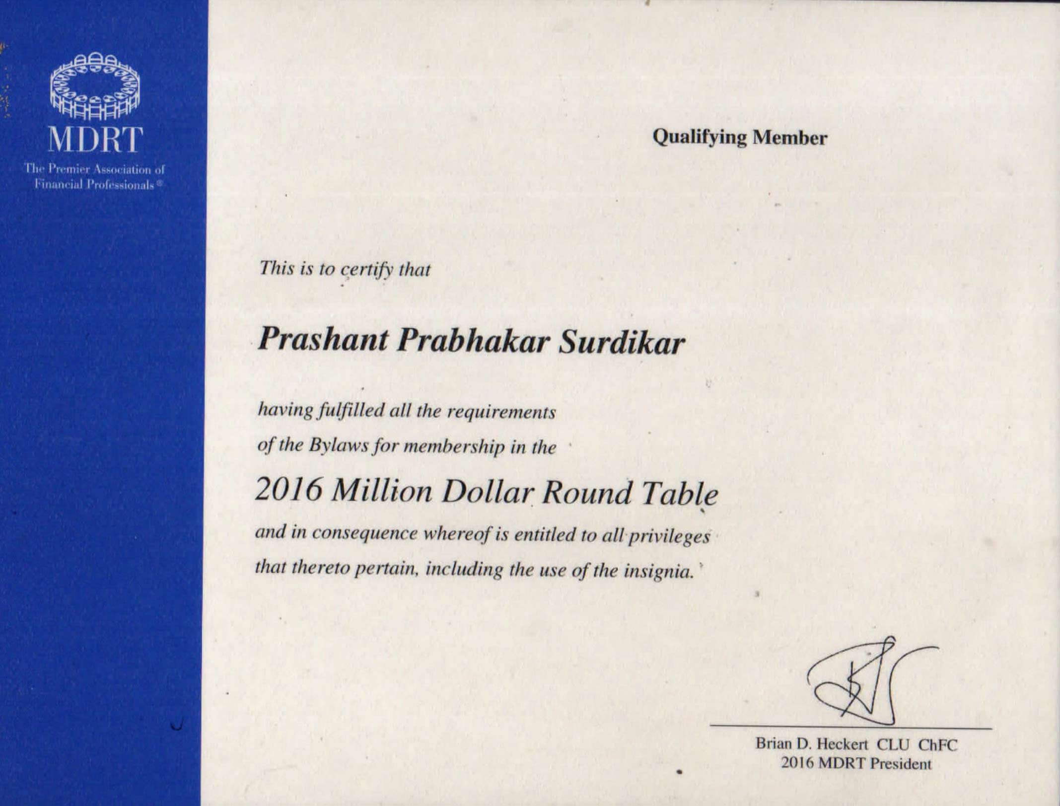 QUALIFING CERTIFICATE OF MDRT USA 2016 PRASHANT SURDIKAR