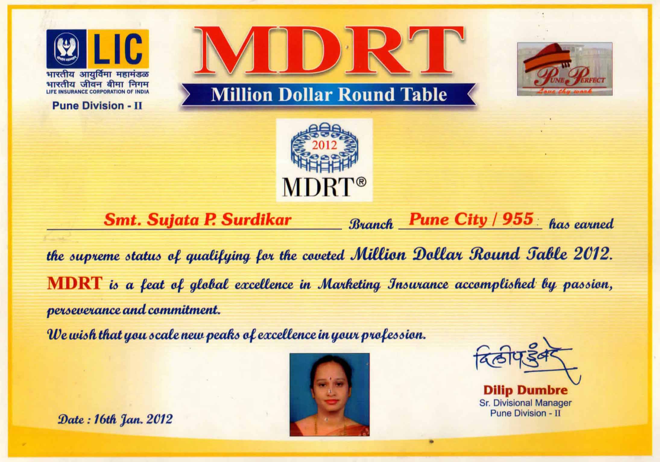 Special Appreciation from Divisional Vice President of MDRT in 2012 Sujata Surdikar