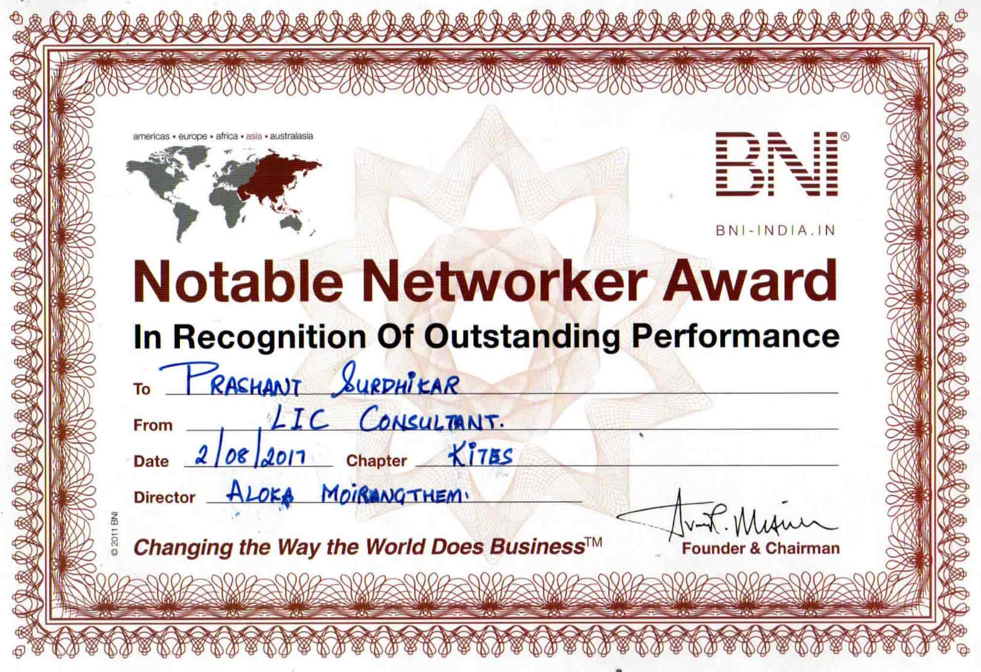 BNI - Business Network International - Best Networker Award 2017 – Prashant Surdikar