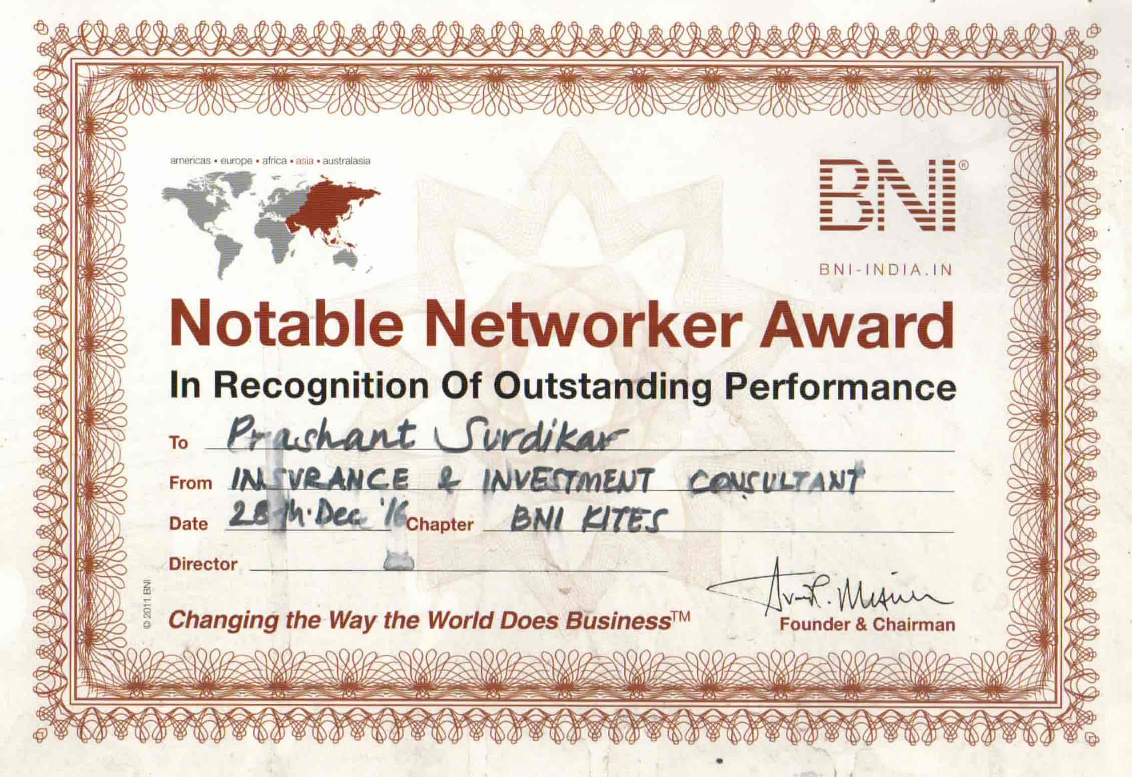 BNI - Business Network International - Best Networker Award 2016 – Prashant Surdikar