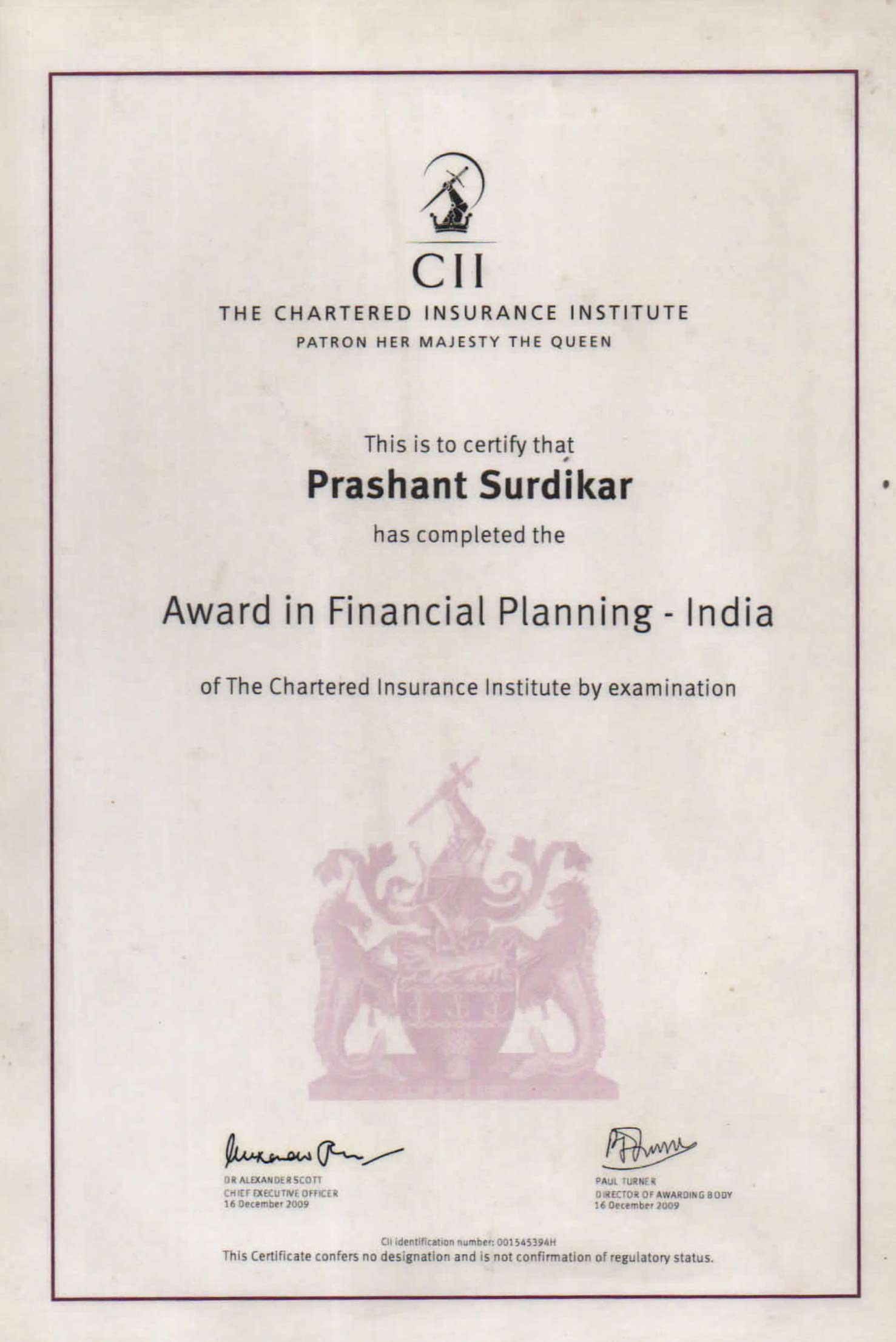 The Chartered Insurance Institute – United Kingdom Award in financial planning – Prashant Surdikar