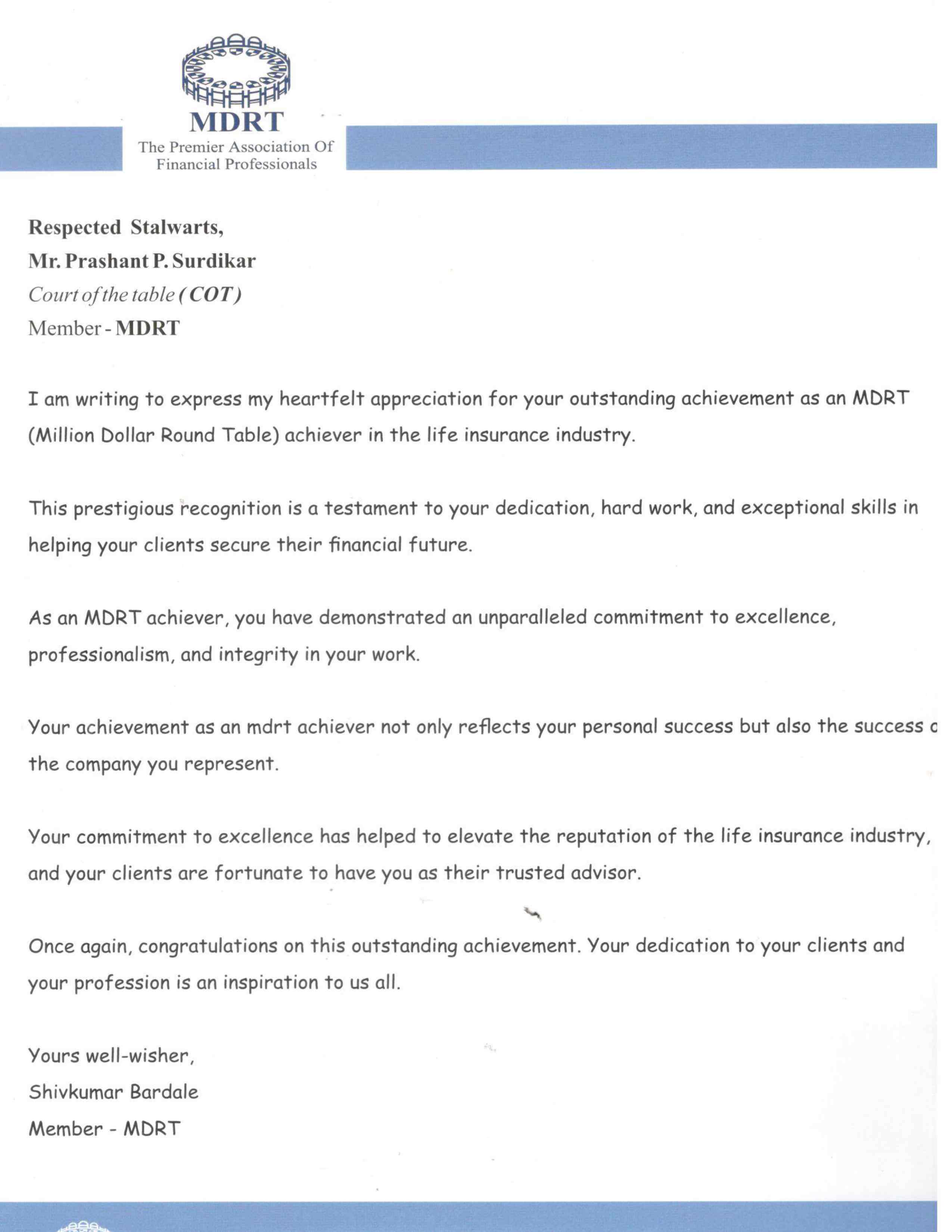 MDRT APPRECIATION CERTIFICATE FOR YEAR 2023